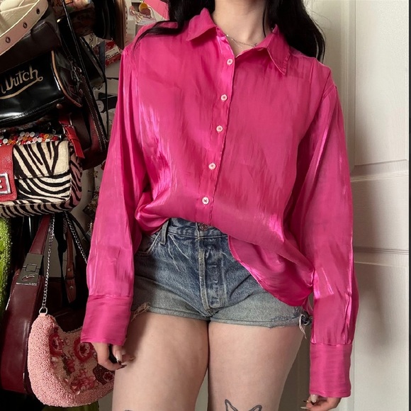 ANTHROPOLOGIE NWOT PINK SILKY IRIDESCENT BUTTON DOWN MEDIUM - Picture 5 of 5
